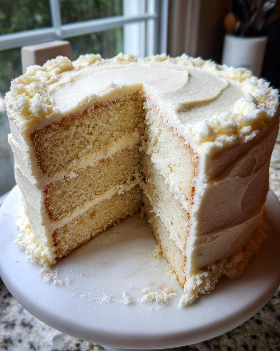 A three-layer vanilla cake recipe with white frosting, showing a large slice cut out, displayed on a white cake stand.