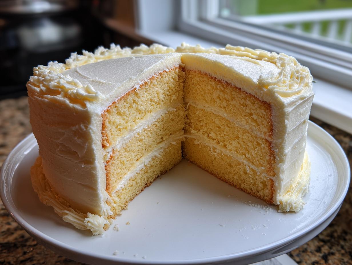 A three-layer vanilla cake recipe with white frosting, cut to show the moist interior layers.