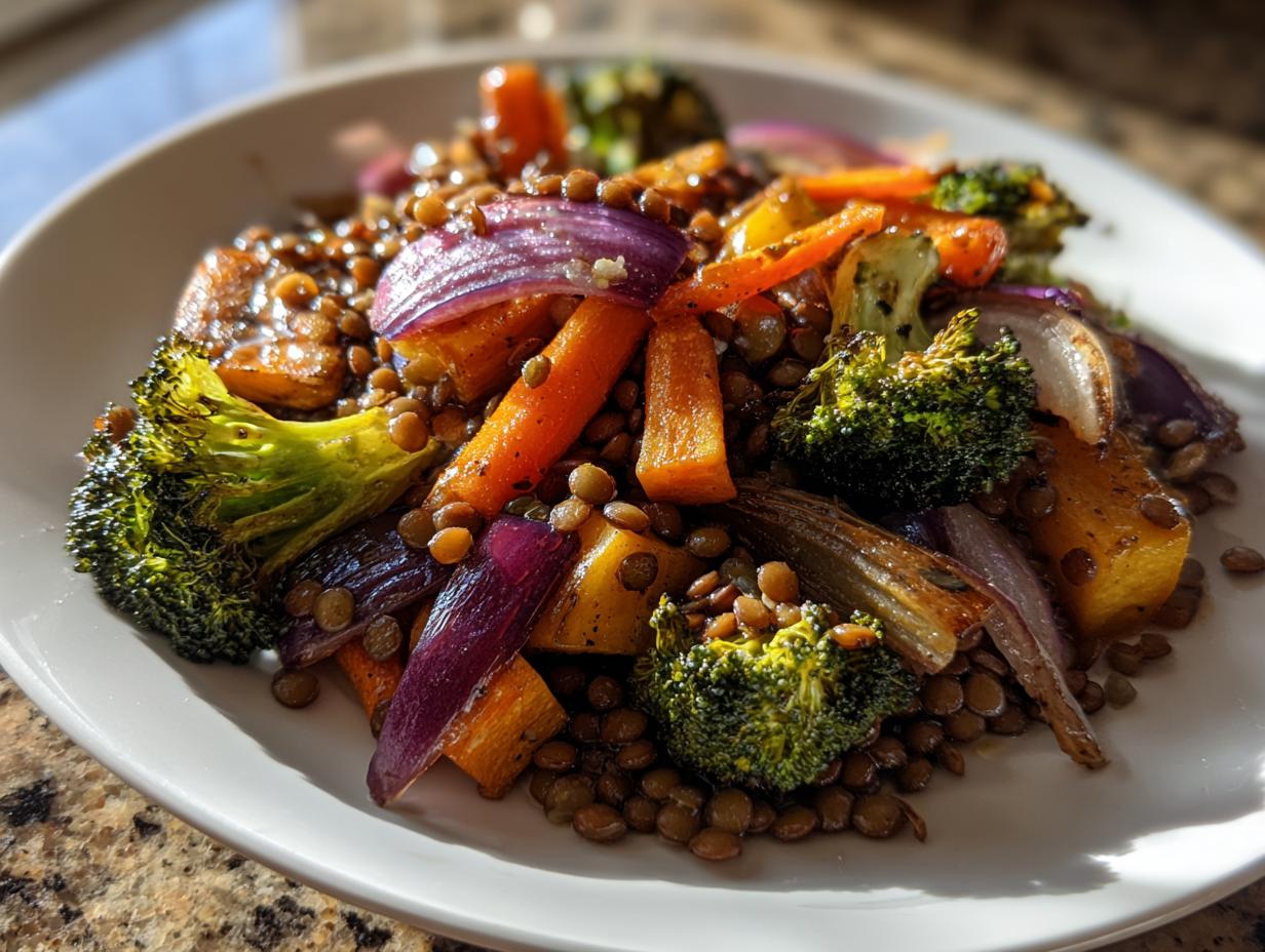 Close-up of a colorful veggie lentil salad featuring roasted broccoli, carrots, red onion, and brown lentils on a white plate.