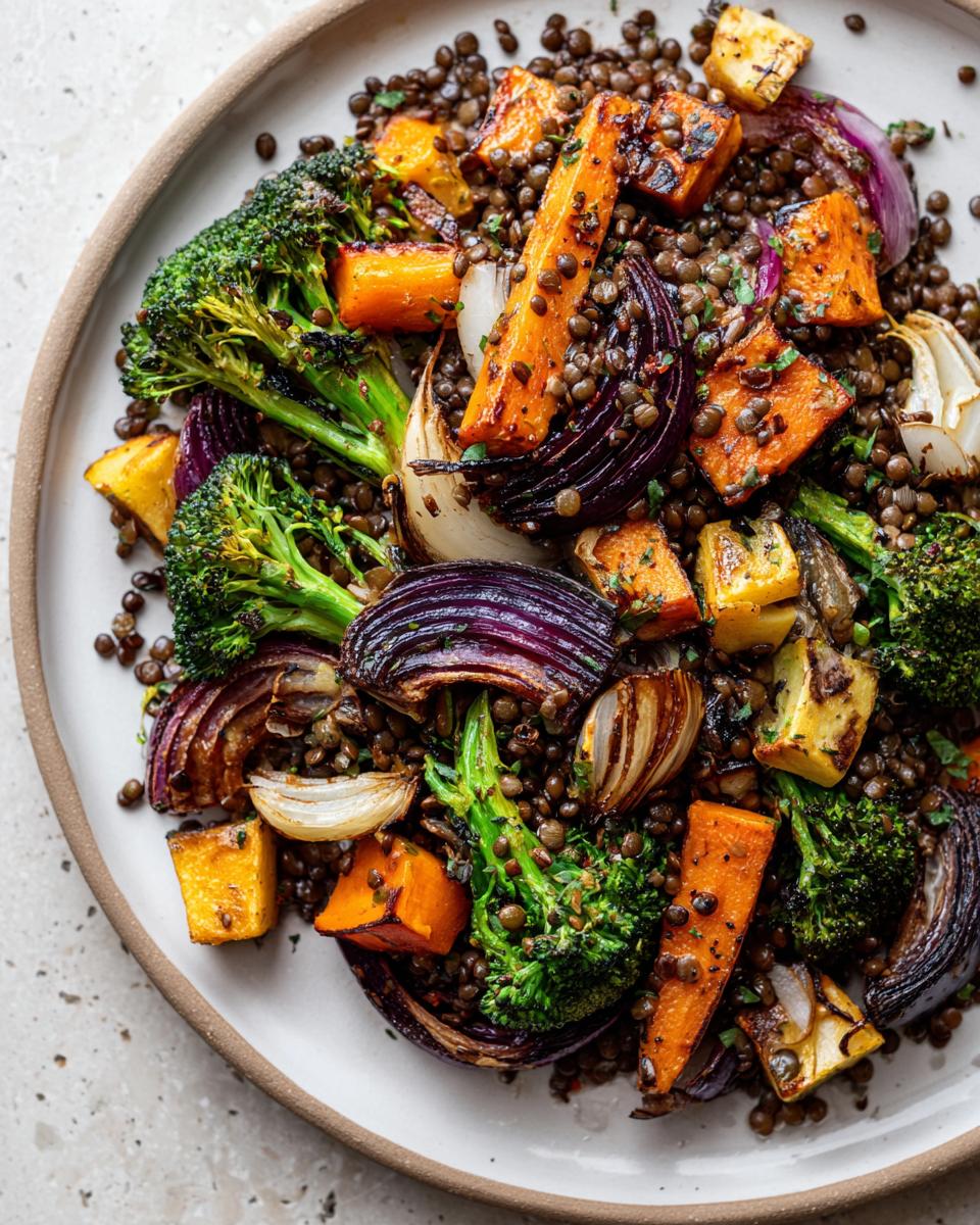 Close-up of a hearty veggie lentil salad topped with roasted broccoli, carrots, and red onions.