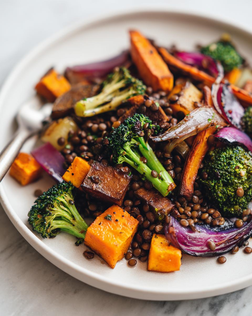 Close-up of a hearty veggie lentil salad featuring roasted sweet potatoes, broccoli florets, red onion, and brown lentils.
