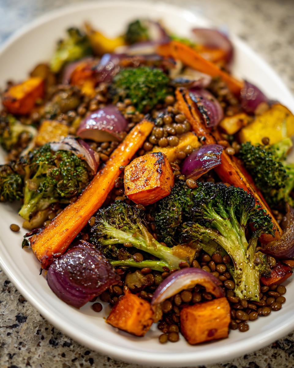 Close-up of a hearty veggie lentil salad featuring roasted sweet potatoes, broccoli, red onion, and brown lentils on a white platter.