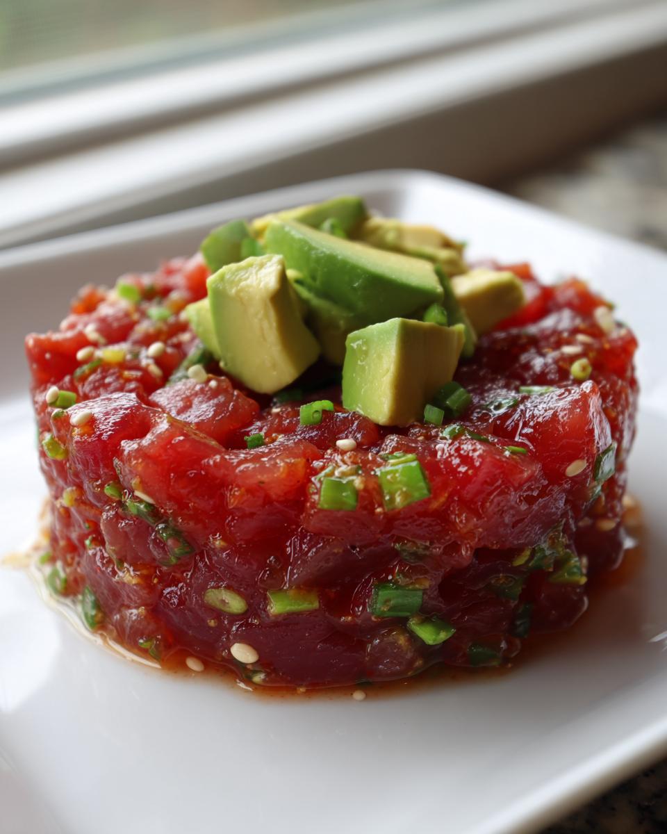 A molded portion of vibrant red tuna tartare topped with cubed avocado and green onions.