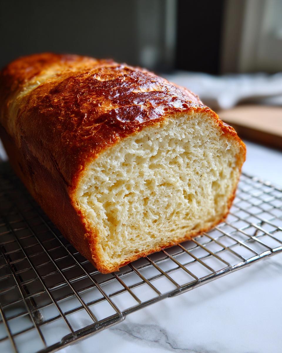 A close-up of a golden-brown loaf of homemade beer bread, sliced to show the soft interior, resting on a wire cooling rack.