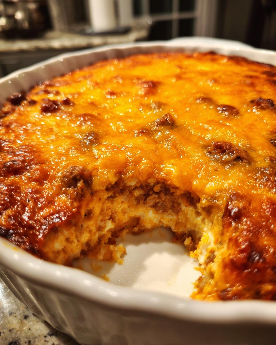 A baked portion of 3-ingredient chili cheese dip in a white dish, showing a scoop removed and a bubbly, melted cheddar cheese topping.
