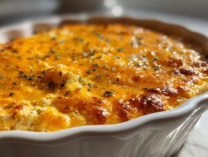 Close-up of a baked chili cheese dip with a bubbly, golden-brown melted cheddar cheese topping, sprinkled with herbs.