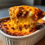 A spoonful of hot, bubbly chili cheese dip showing a dramatic cheese pull over a white baking dish.