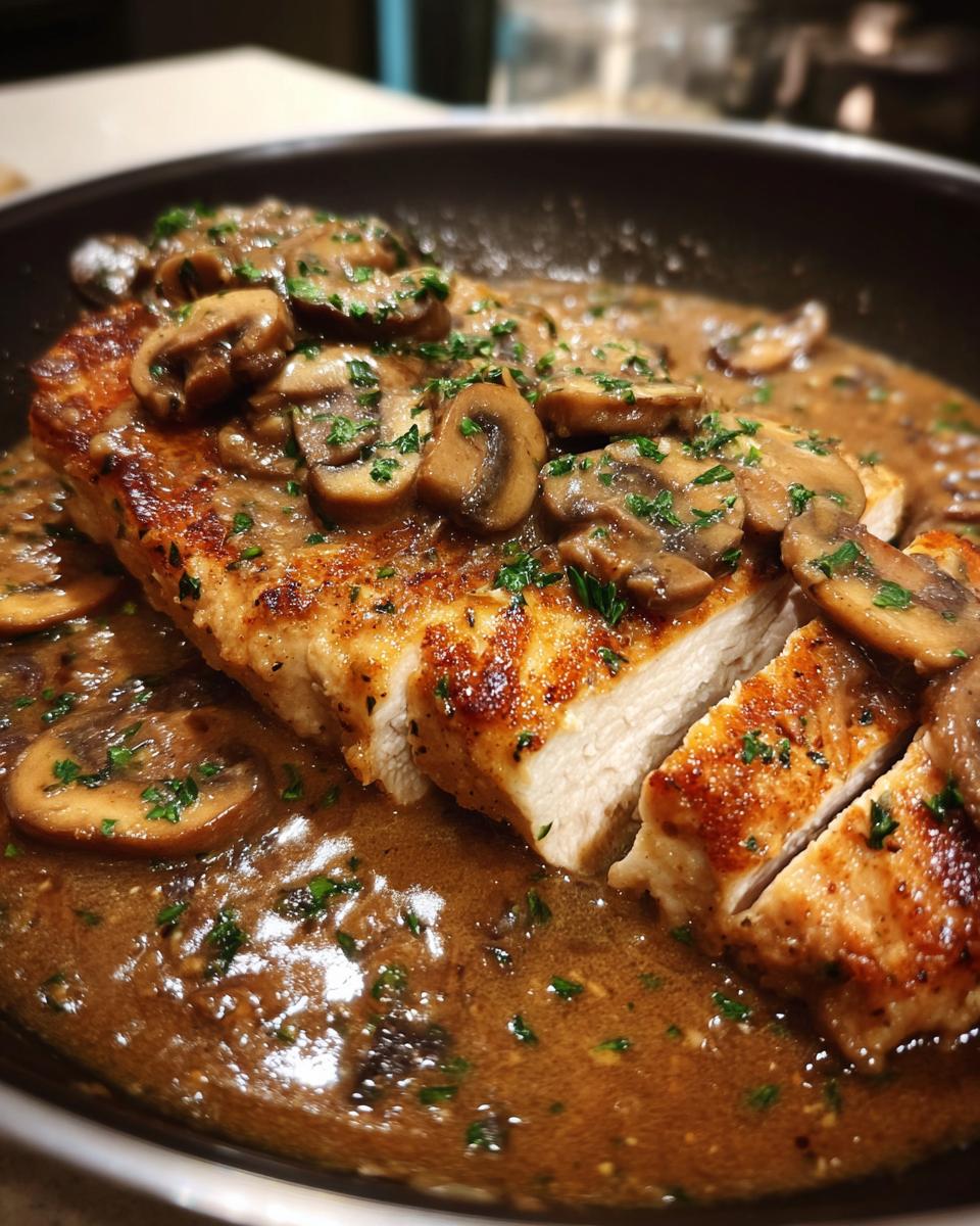 Close-up of golden-brown chicken marsala, sliced and covered in rich mushroom sauce and parsley.