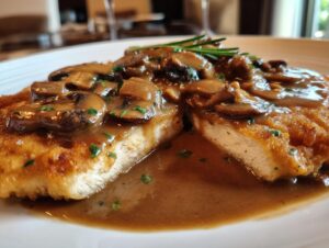 A close-up of a golden-brown chicken marsala cut in half, smothered in rich mushroom sauce and garnished with rosemary.