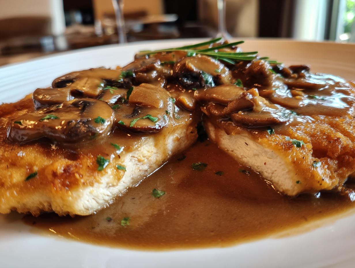 A close-up of a golden-brown chicken marsala cut in half, smothered in rich mushroom sauce and garnished with rosemary.