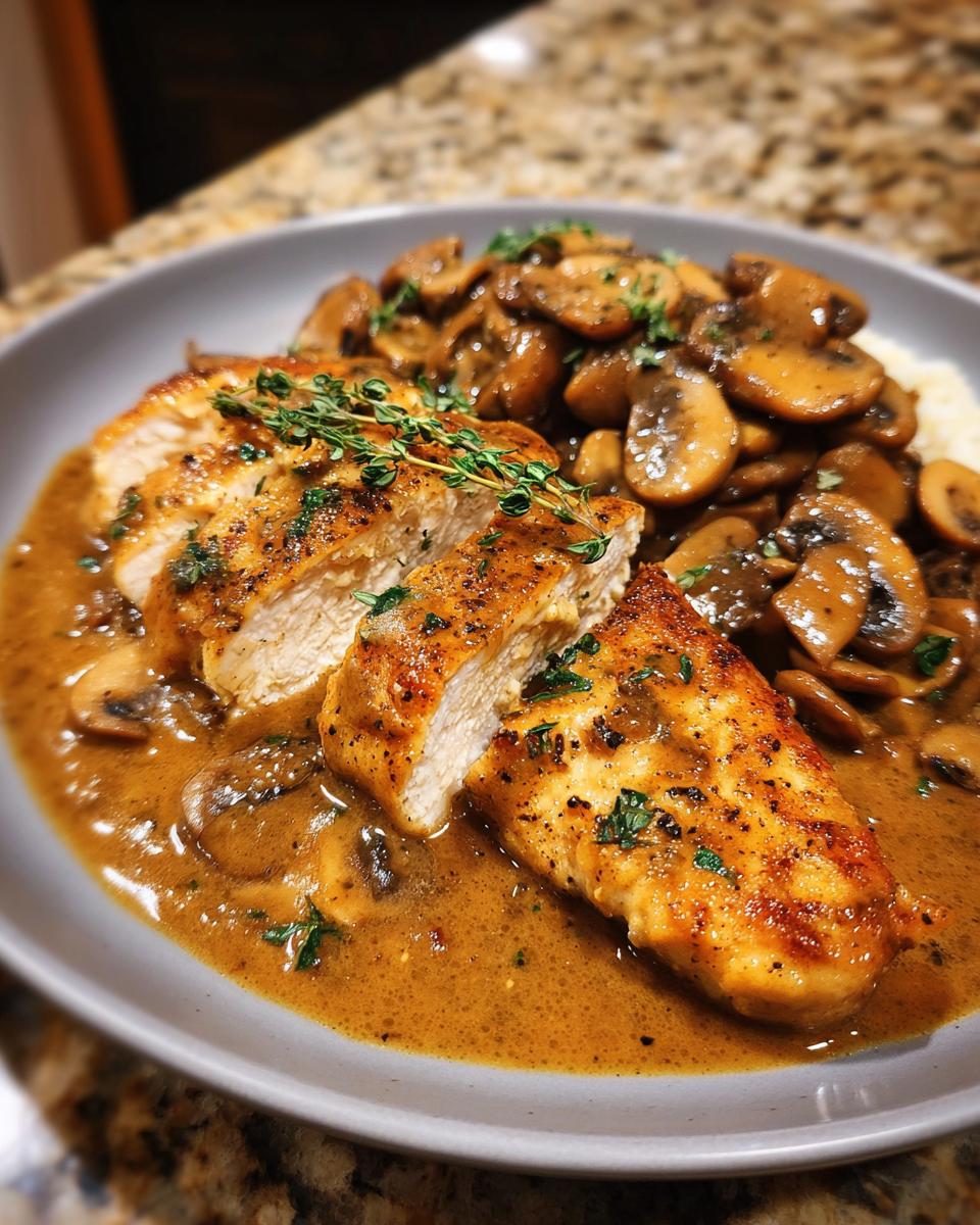 Close-up of sliced chicken marsala breast covered in rich brown sauce with sautéed mushrooms and thyme.
