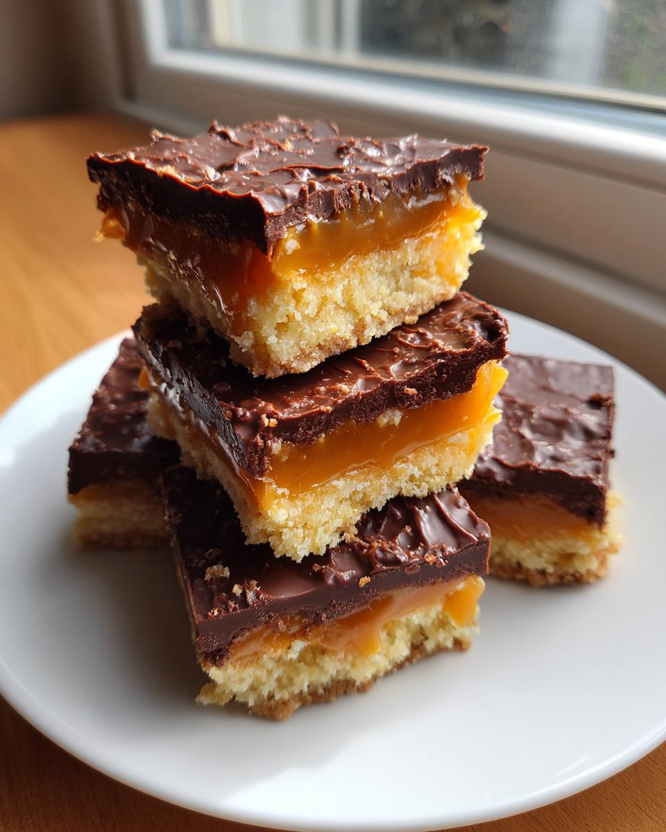 A stack of homemade, low-calorie twix bars featuring a shortbread base, caramel layer, and chocolate topping.