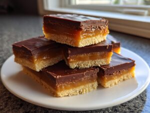 A stack of homemade, low-calorie twix bars featuring a shortbread base, thick caramel layer, and chocolate topping.