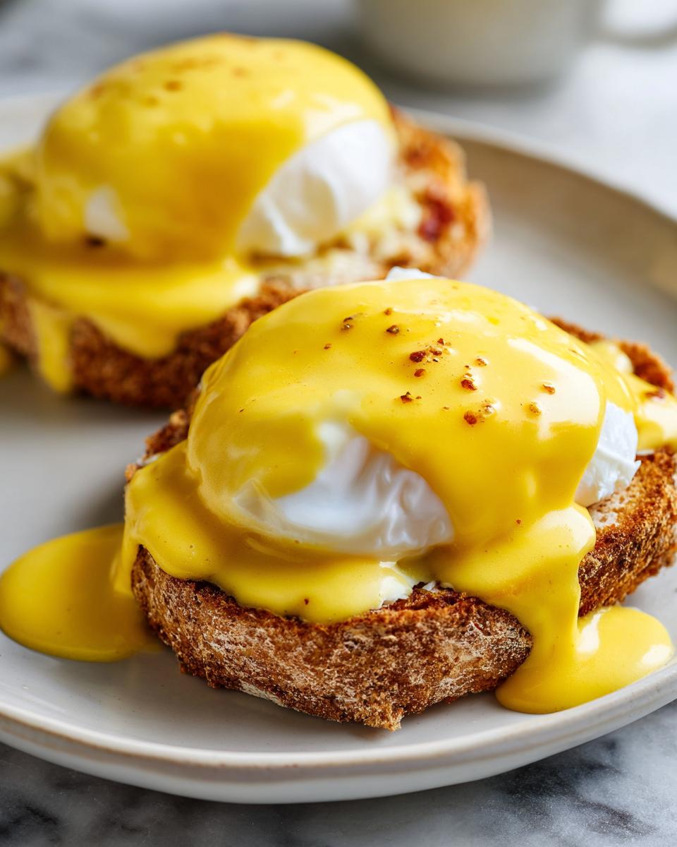 Two servings of classic eggs benedict with poached eggs smothered in rich hollandaise sauce on toasted English muffins.