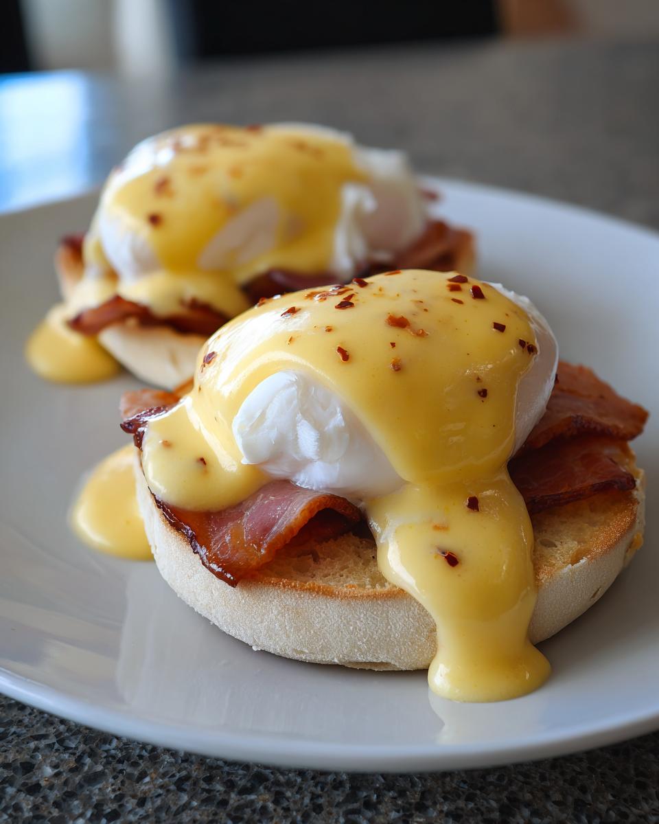 Close-up of two servings of eggs benedict featuring poached eggs, bacon, and rich hollandaise sauce sprinkled with chili flakes.