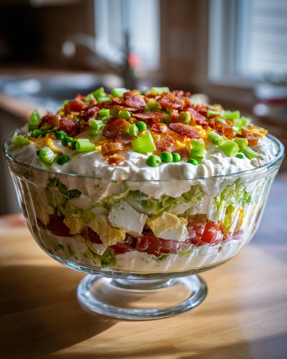 A tall, clear glass trifle bowl filled with a vibrant 7 layer salad, topped with bacon and green onions.