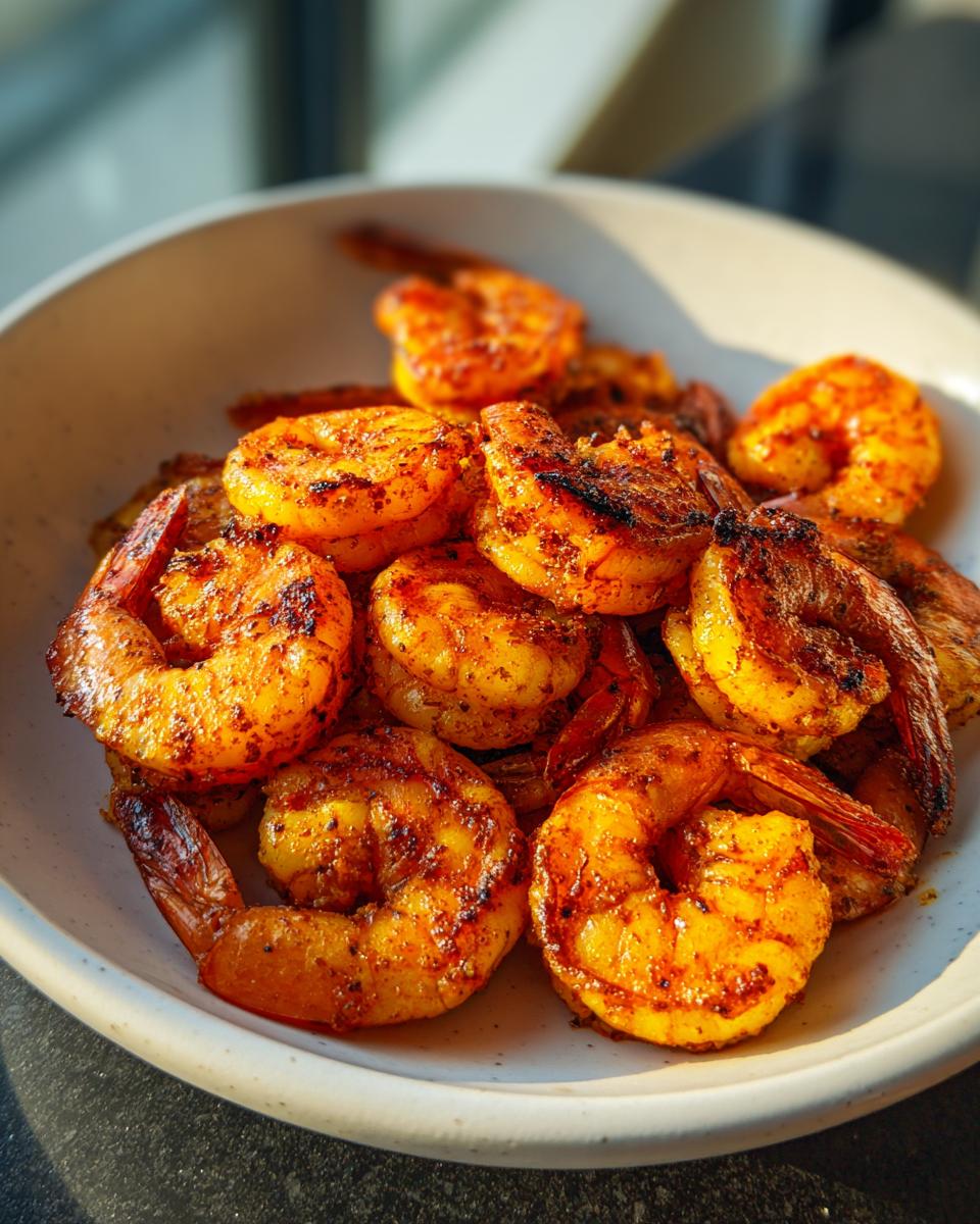 A close-up of seasoned and perfectly cooked air fryer frozen shrimp piled high in a light-colored bowl.