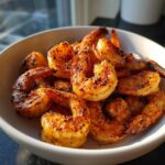 A white bowl filled with perfectly cooked, seasoned air fryer frozen shrimp, showing slight charring.