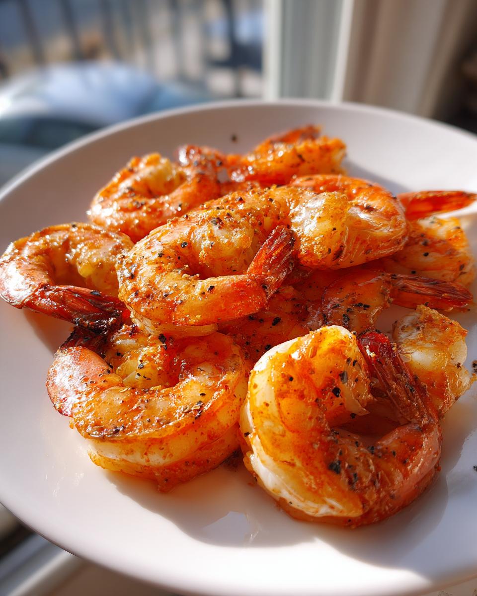A close-up of seasoned, cooked air fryer frozen shrimp piled on a white plate, showing bright orange color and black pepper.