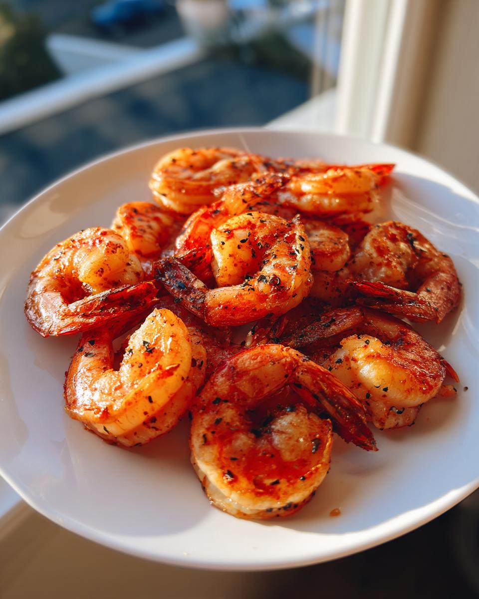 A plate of perfectly cooked, seasoned air fryer frozen shrimp with tails on, glistening in the sunlight.