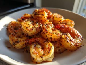 Close-up of golden, perfectly cooked air fryer frozen shrimp seasoned heavily with black pepper and spices on a white plate.