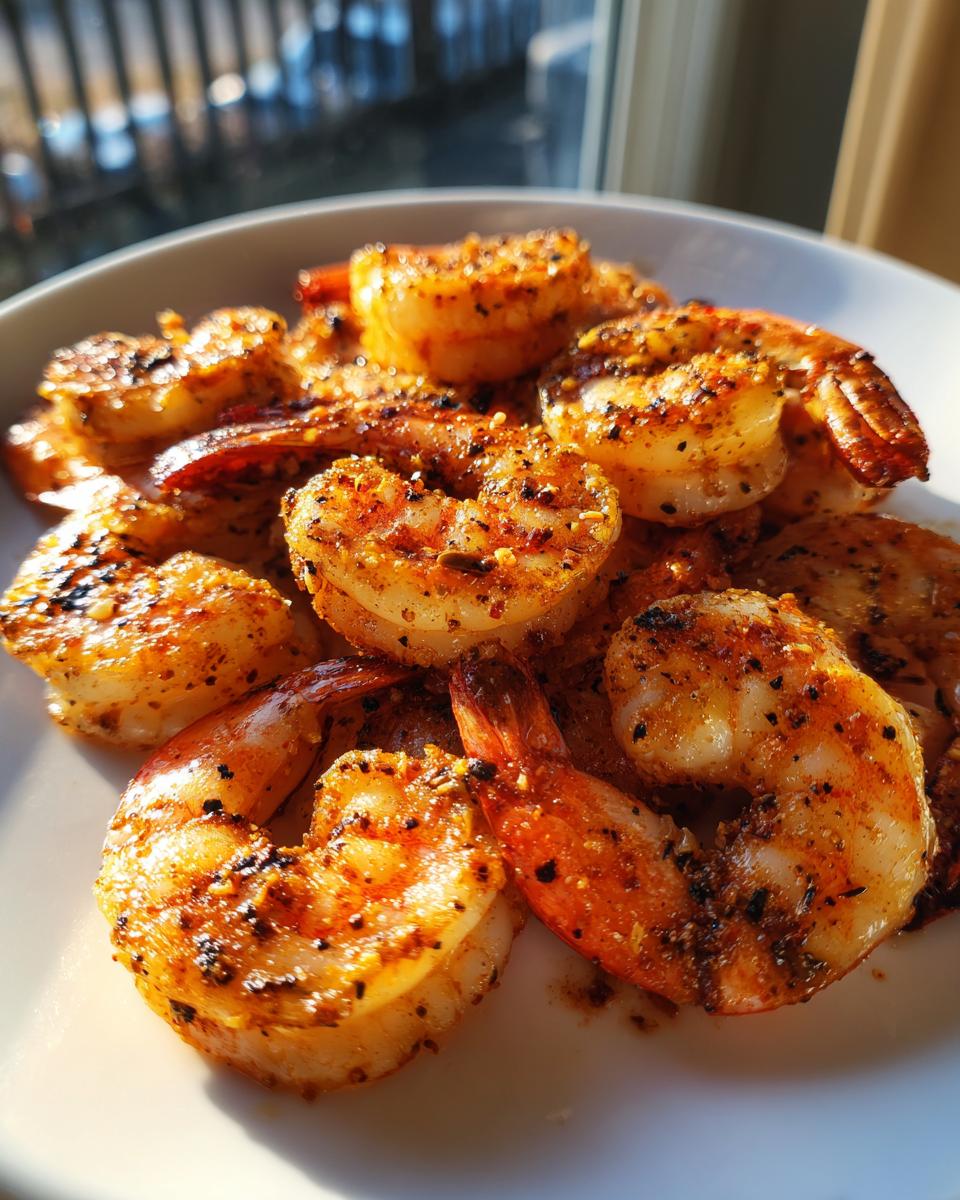 Close-up of plump, seasoned air fryer frozen shrimp piled on a white plate, catching bright sunlight.