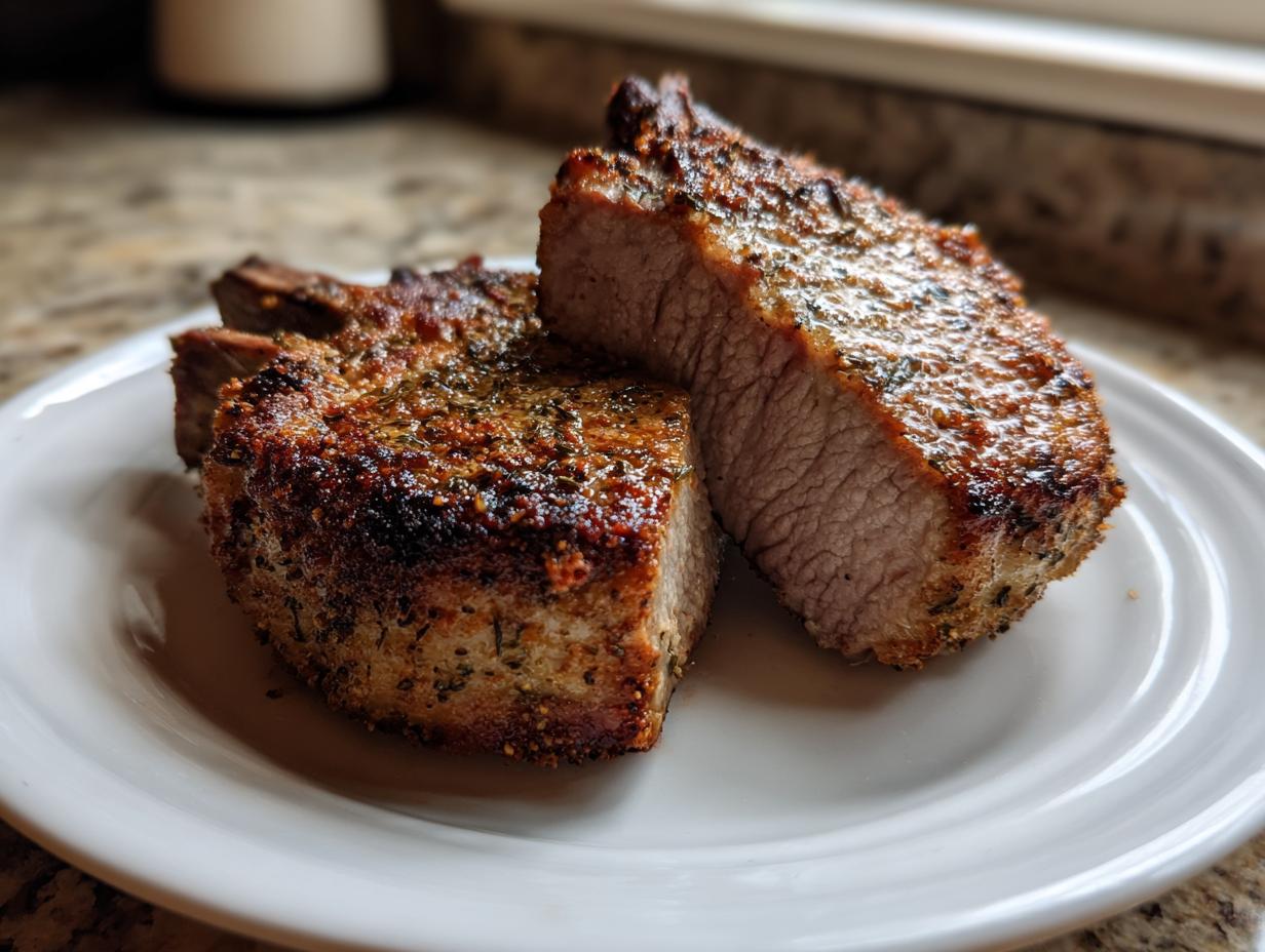 Two thick, seasoned air fryer pork chops, one cut to show the juicy interior, resting on a white plate.