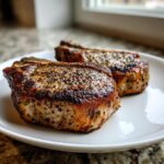 Two thick, juicy air fryer pork chops with a dark, seasoned crust resting on a white plate.