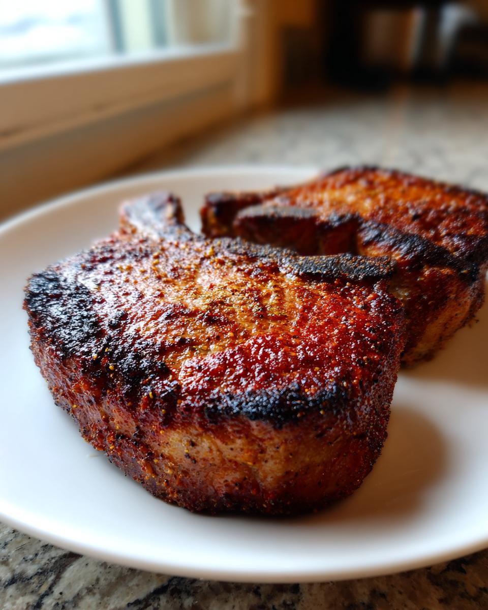 Two thick, juicy air fryer pork chops with a dark, seasoned crust resting on a white plate.