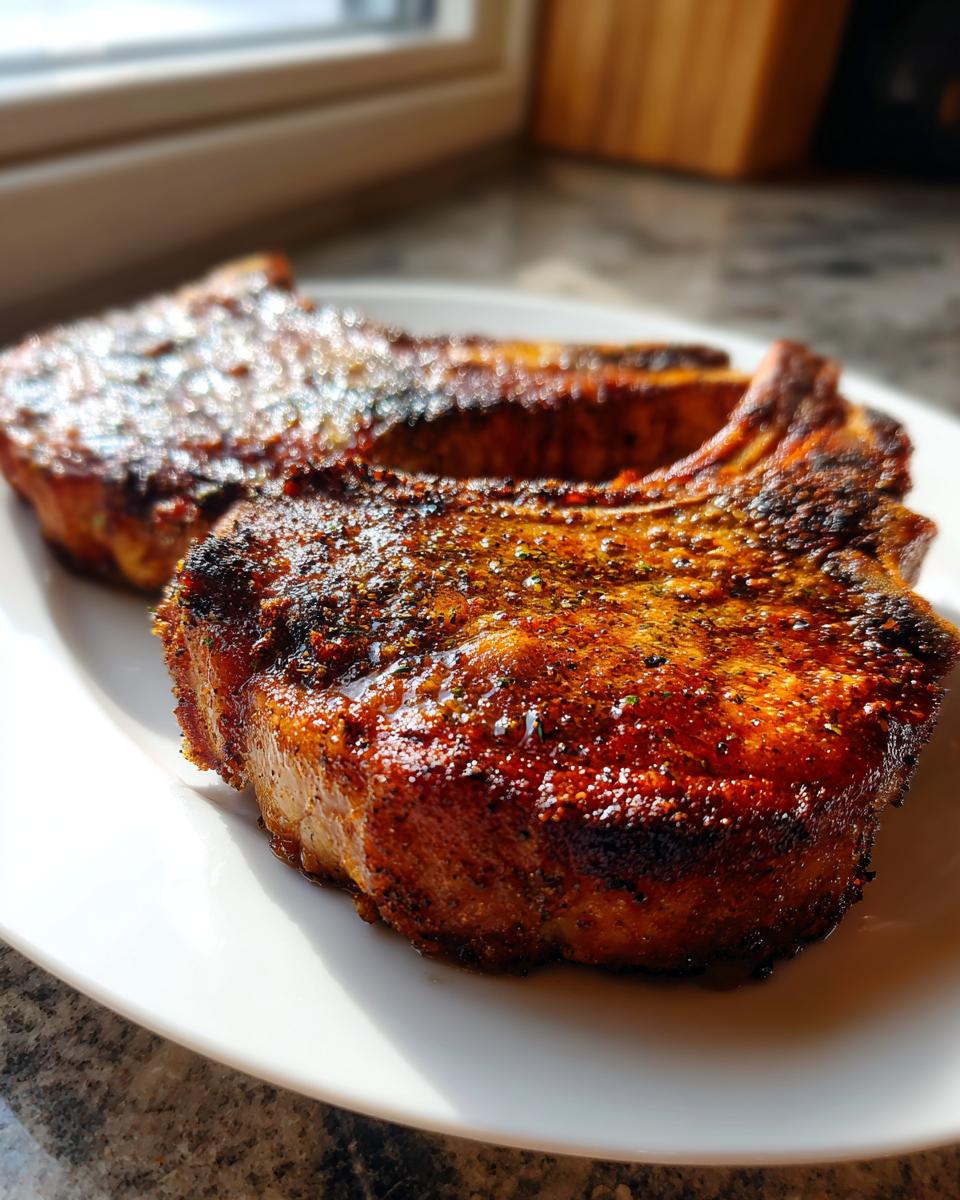 Close-up of two juicy, well-seasoned air fryer pork chops resting on a white plate, showing a beautiful sear.