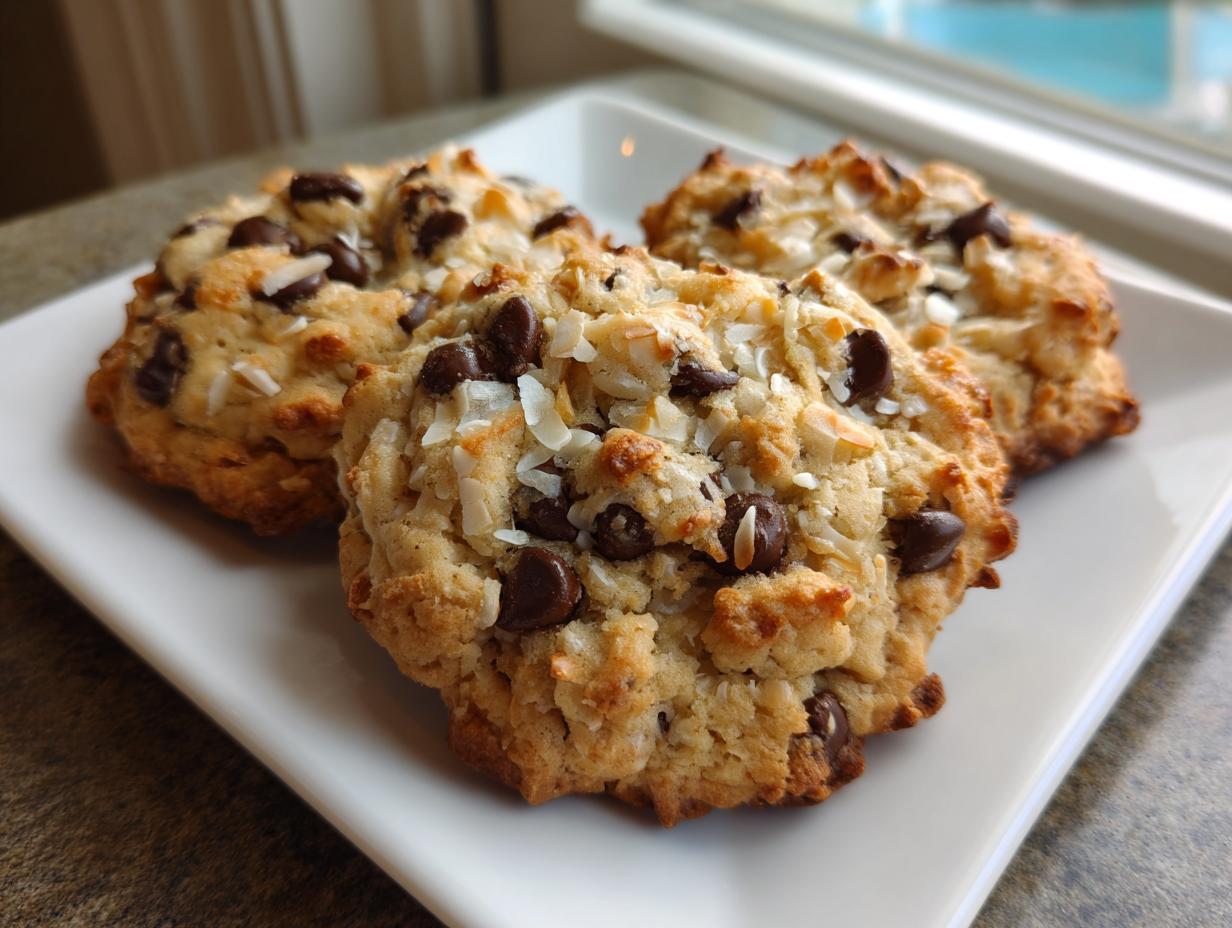 Three golden brown almond joy cookies topped with chocolate chips and shredded coconut on a white plate.