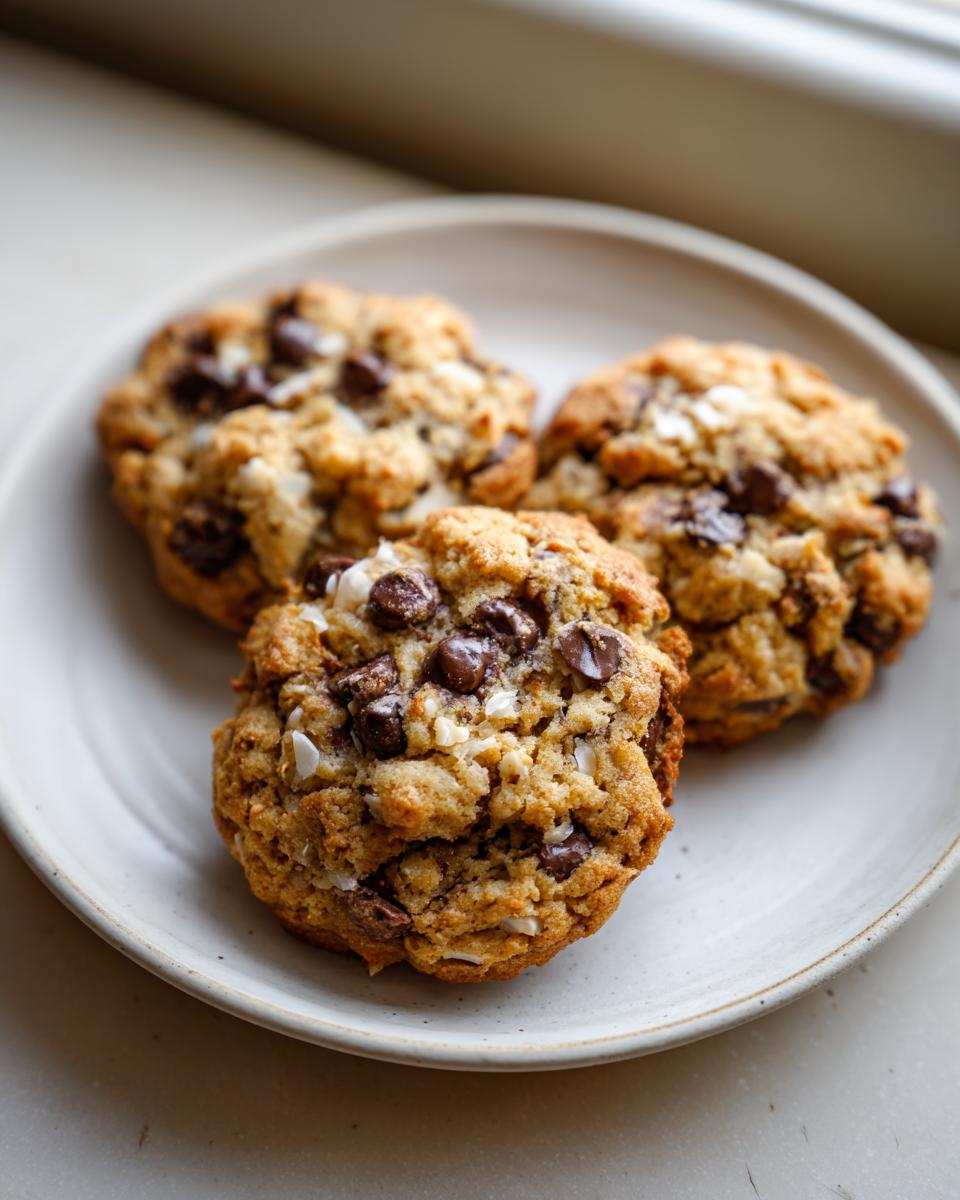 Three golden brown almond joy cookies studded with chocolate chips and coconut flakes resting on a light ceramic plate.