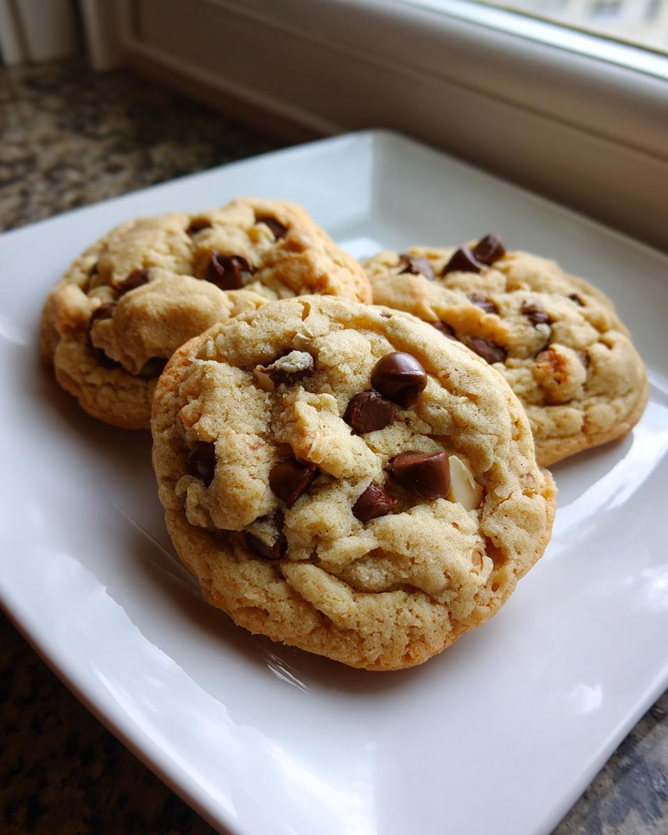 Three freshly baked almond joy cookies loaded with chocolate chips and nuts, resting on a square white plate.