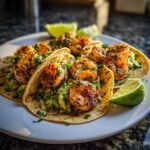 Close-up of several delicious shrimp taco servings on a white plate, topped with grilled shrimp and avocado.