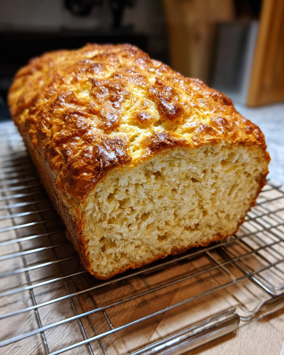 A freshly baked loaf of beer bread with a golden, craggy crust cooling on a wire rack.