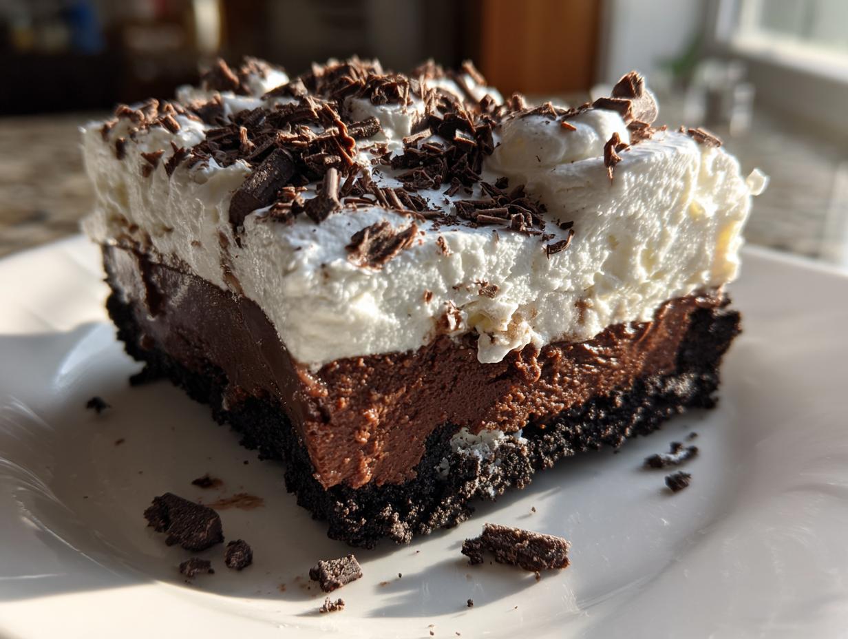 A decadent slice of layered chocolate mud pie with a dark crust, rich filling, whipped cream, and chocolate shavings.