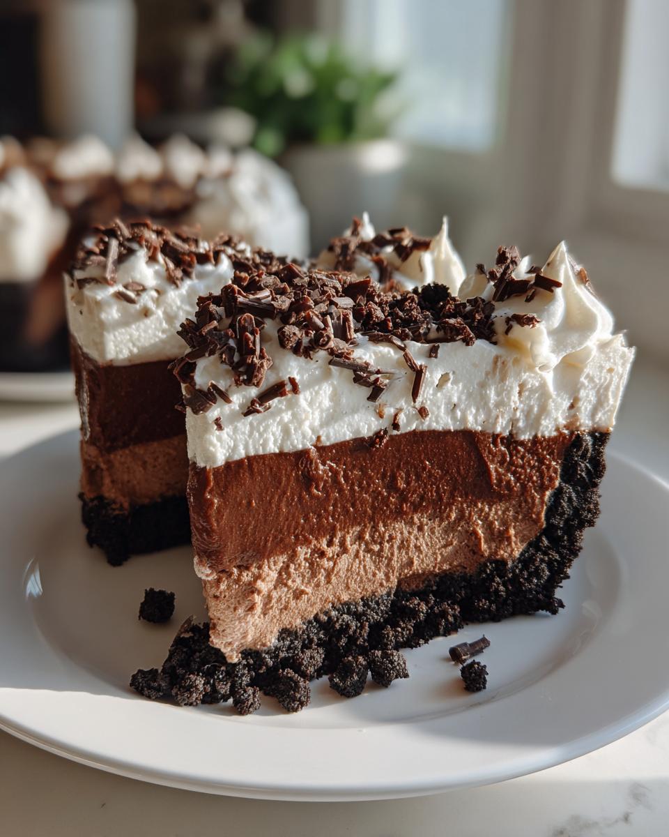 Two slices of decadent 4-layer mud pie featuring chocolate mousse layers, whipped cream, and chocolate shavings.