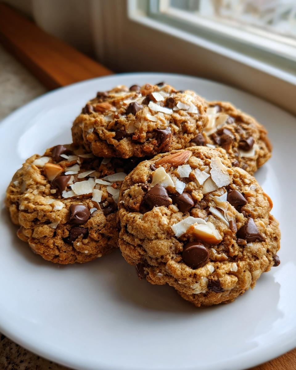 Four freshly baked almond joy cookies topped with chocolate chips, coconut flakes, and almonds on a white plate.