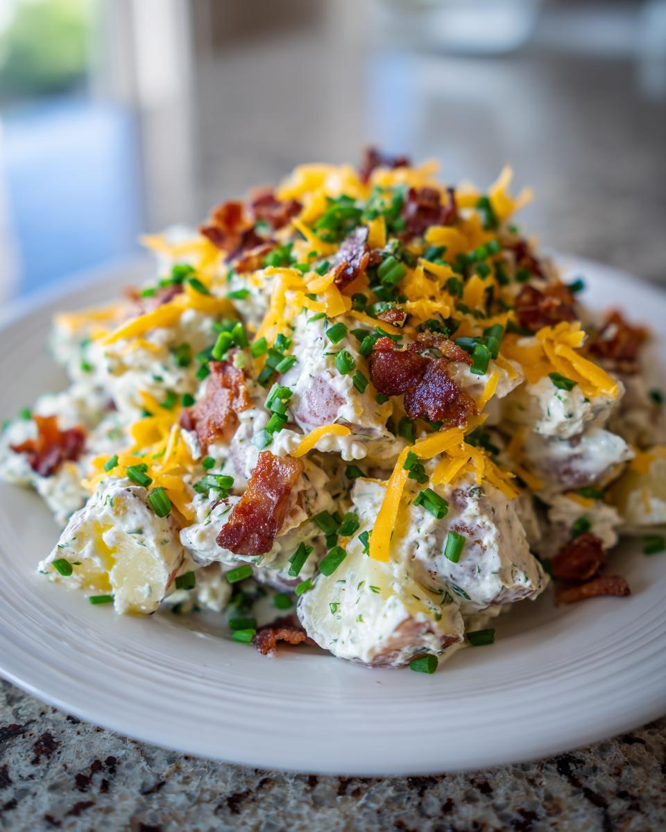 Close-up of a mound of creamy baked potato salad topped generously with shredded cheddar cheese, crispy bacon bits, and fresh chives.