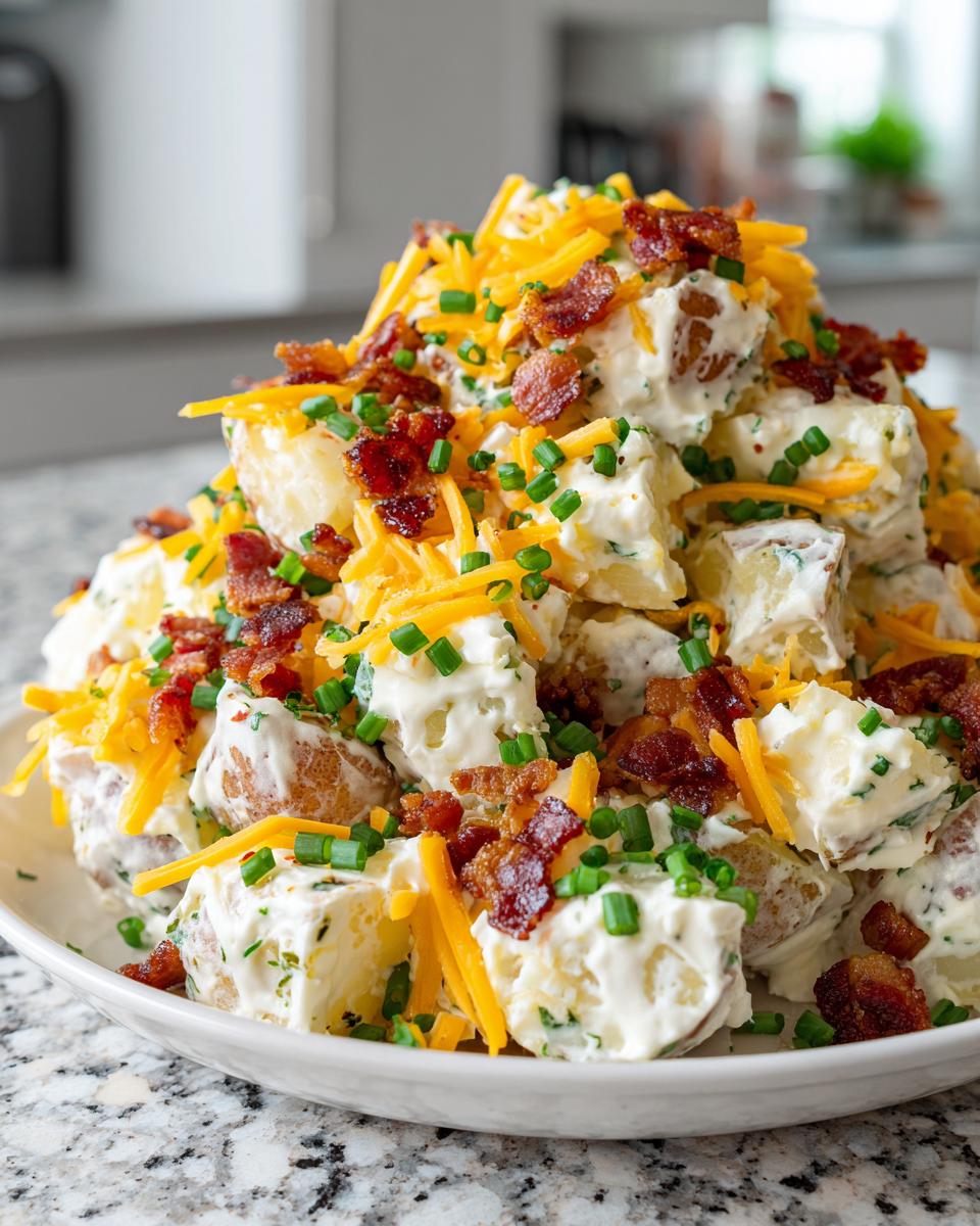 A large mound of creamy baked potato salad topped generously with shredded cheddar cheese, crispy bacon bits, and fresh chives.