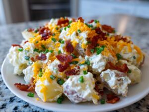 A close-up of loaded baked potato salad topped generously with shredded cheddar cheese, crispy bacon bits, and chopped green onions.
