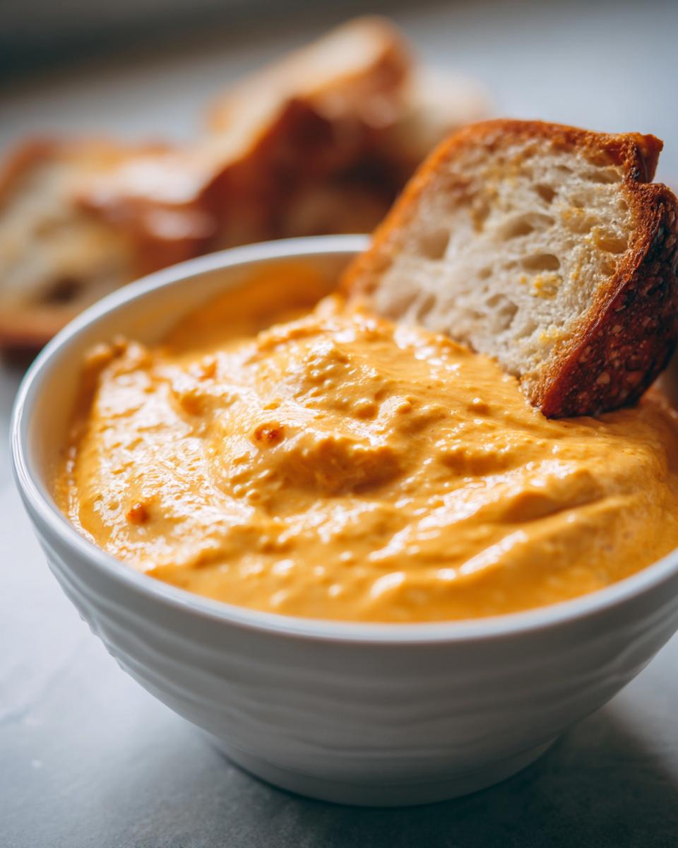 Close-up of a thick, orange beer cheese dip in a white bowl with a piece of toasted bread dipped in.