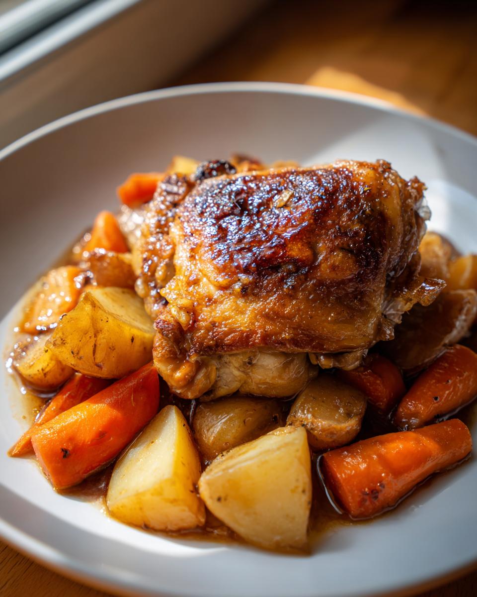 Close-up of a perfectly cooked braised chicken thigh with crispy, browned skin served over potatoes and carrots.