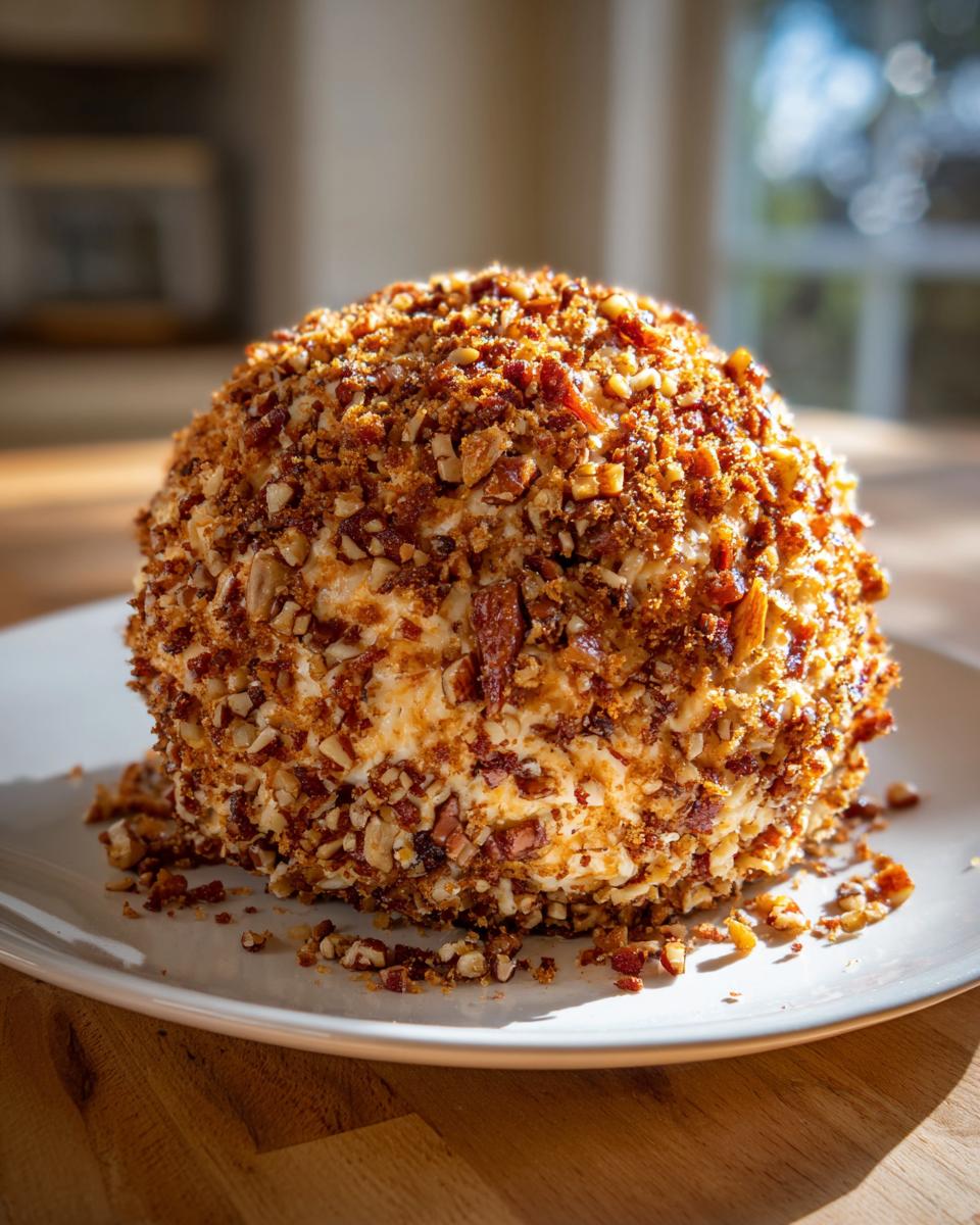 A perfectly formed cheese ball recipe coated entirely in chopped pecans and spices, sitting on a white plate.
