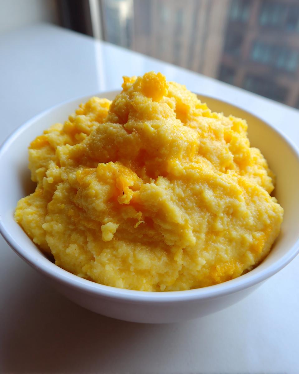 A close-up of a white bowl filled with creamy, bright yellow cheese grits.
