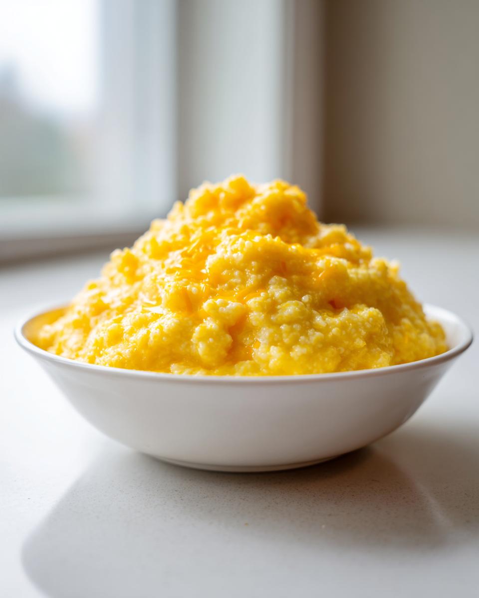 A white bowl filled high with creamy, bright yellow cheese grits, topped with melted cheese.