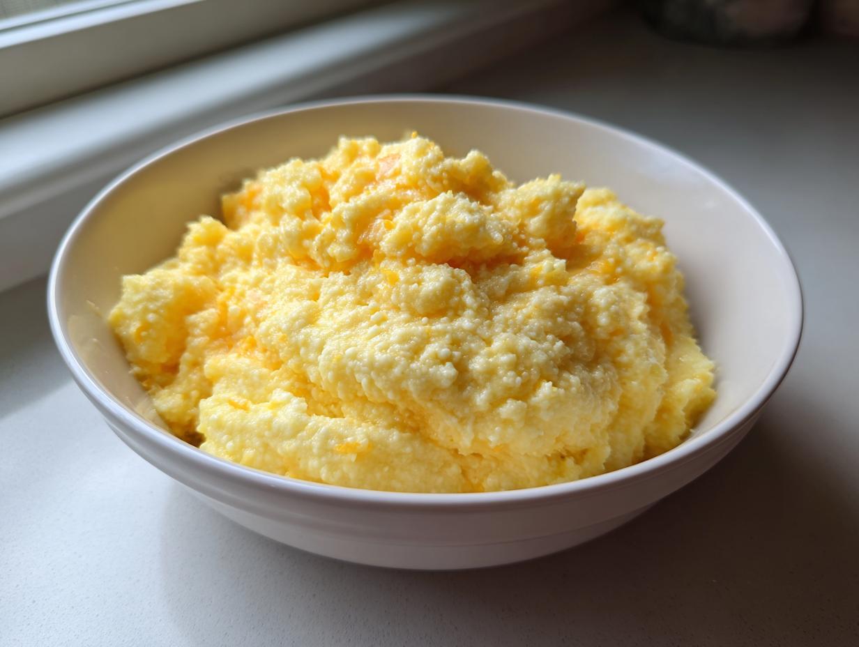 A white bowl filled with creamy, bright yellow cheese grits, sitting on a light countertop near a window.