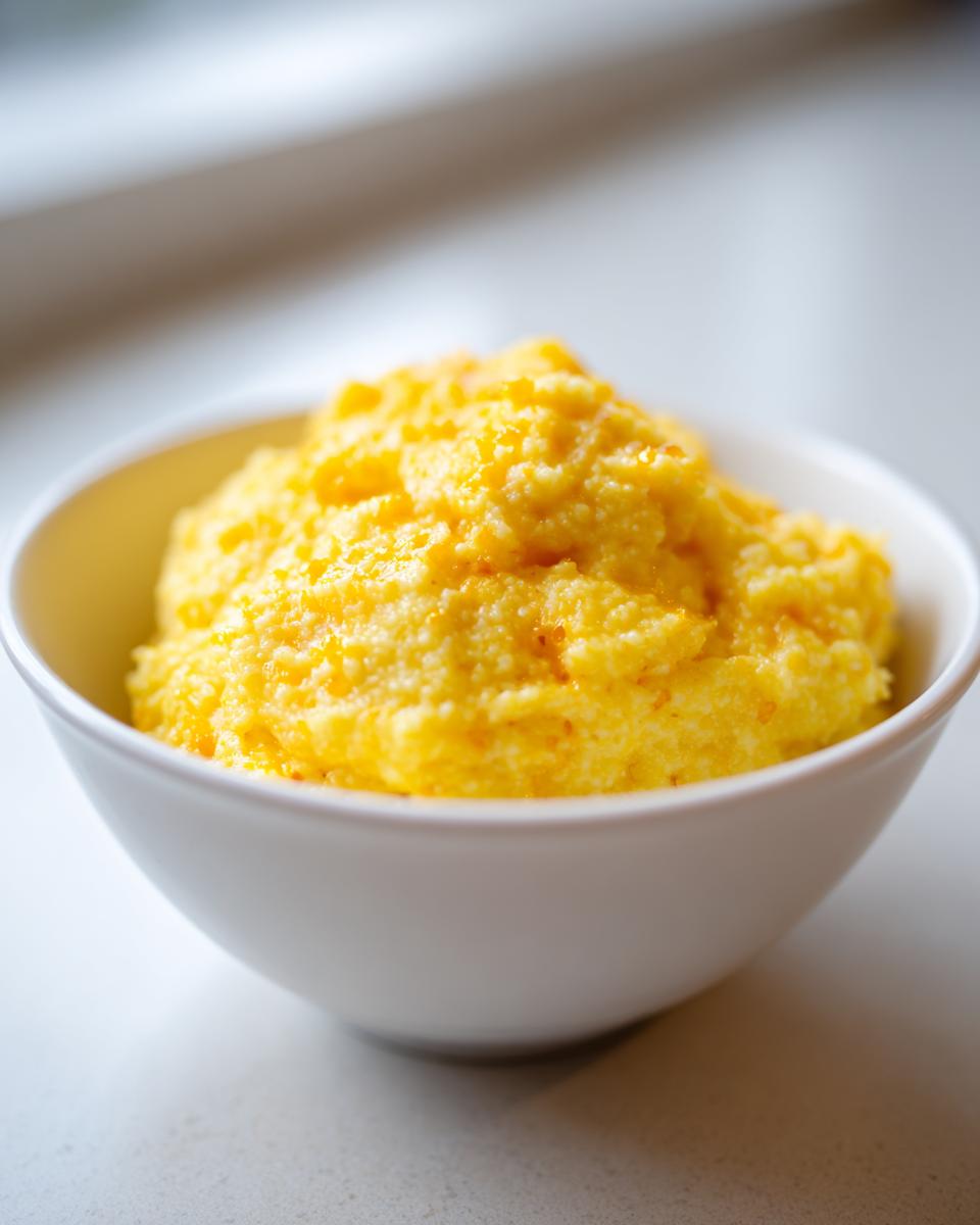 A close-up of a white bowl filled with vibrant, creamy, yellow cheese grits.