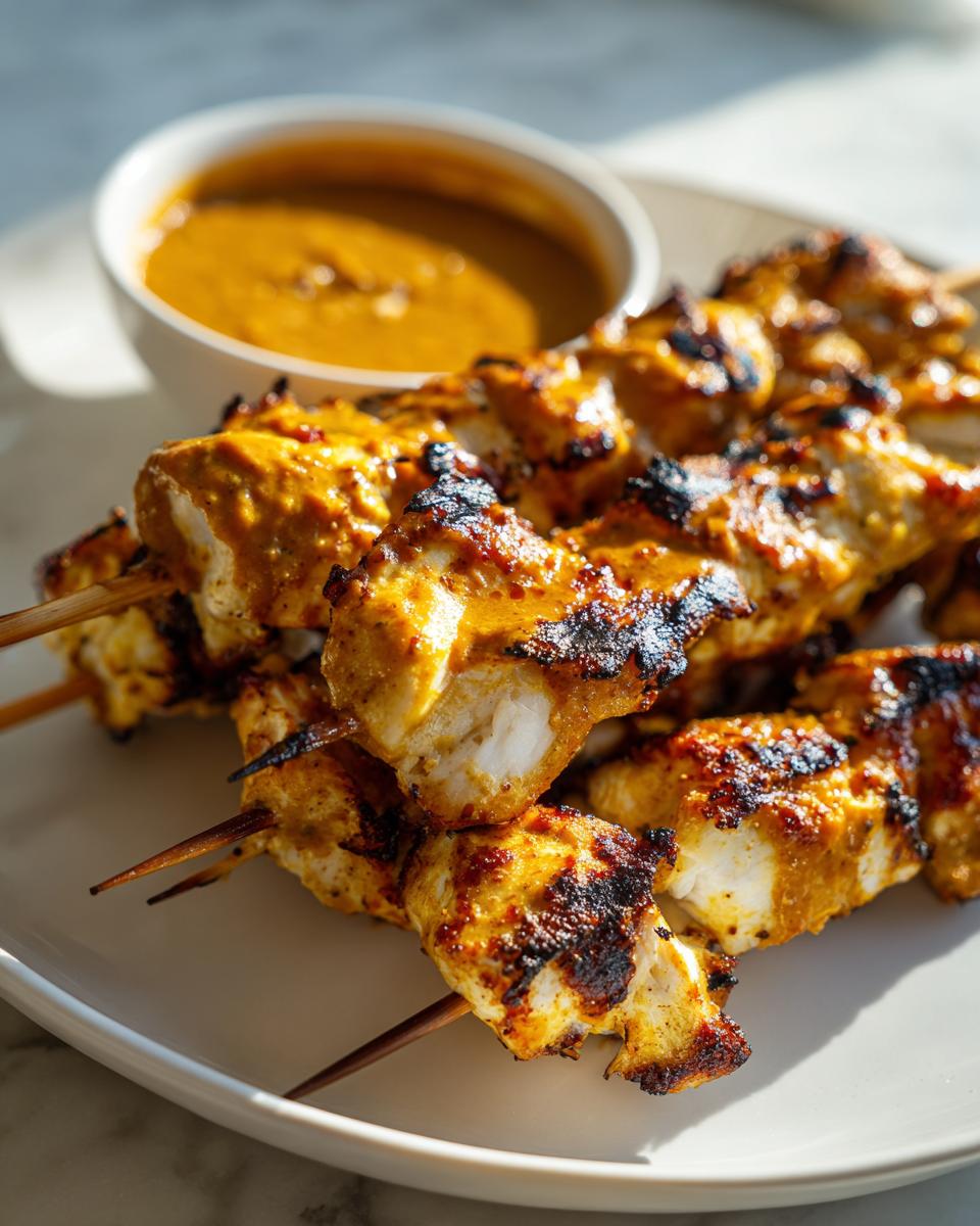 Close-up of perfectly grilled chicken satay skewers served on a white plate next to a bowl of peanut dipping sauce.