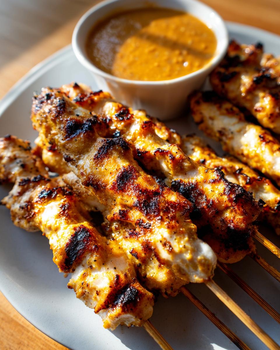 Close-up of grilled chicken satay skewers served with a small bowl of rich peanut sauce.
